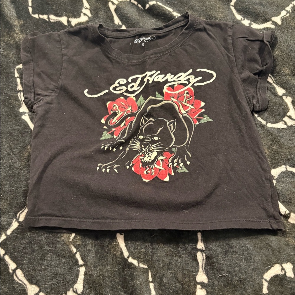 Ed Hardy Black Tee with Panther and Red Rose